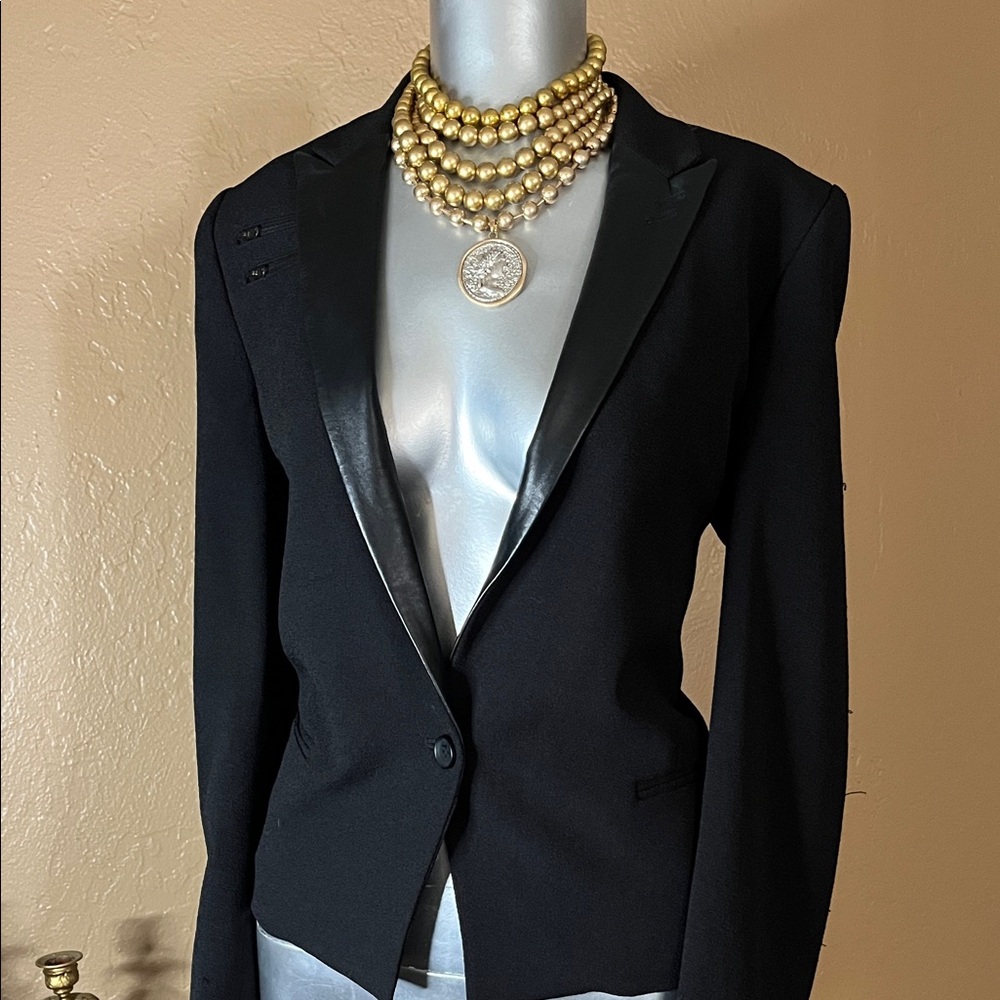 The Kooples Black Blazer with Sleek Leather Accents.  Sz 42 EUC - Picture 3 of 6